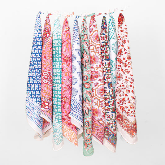 Set of 10 - Hand Block Printed Cotton Bandana, Lightweight Hair Or Neck Wrap, Bohemian Paisley Scarf, Eco-Friendly Unisex Accessory, Unique Artisan Gift