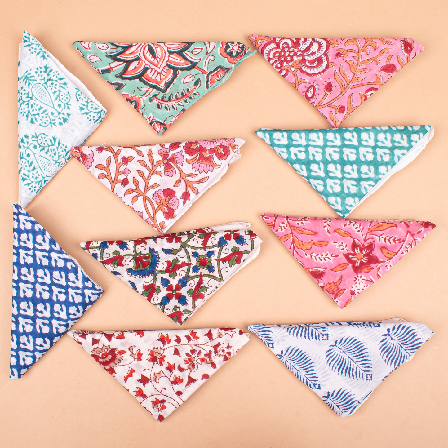Set of 10 - Hand Block Printed Cotton Bandana, Lightweight Hair Or Neck Wrap, Bohemian Paisley Scarf, Eco-Friendly Unisex Accessory, Unique Artisan Gift