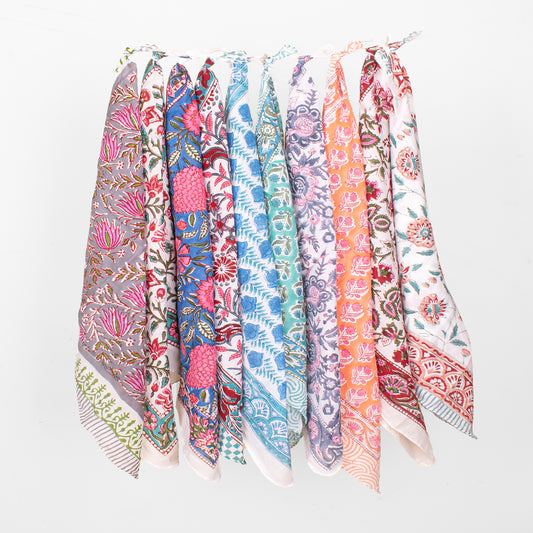 Set of 10 - Lightweight Organic Cotton Bandana, Boho Block Printed Scarf, Handmade Hair Or Neck Wrap, Unisex Eco-Friendly Gift, Paisley And Floral Design
