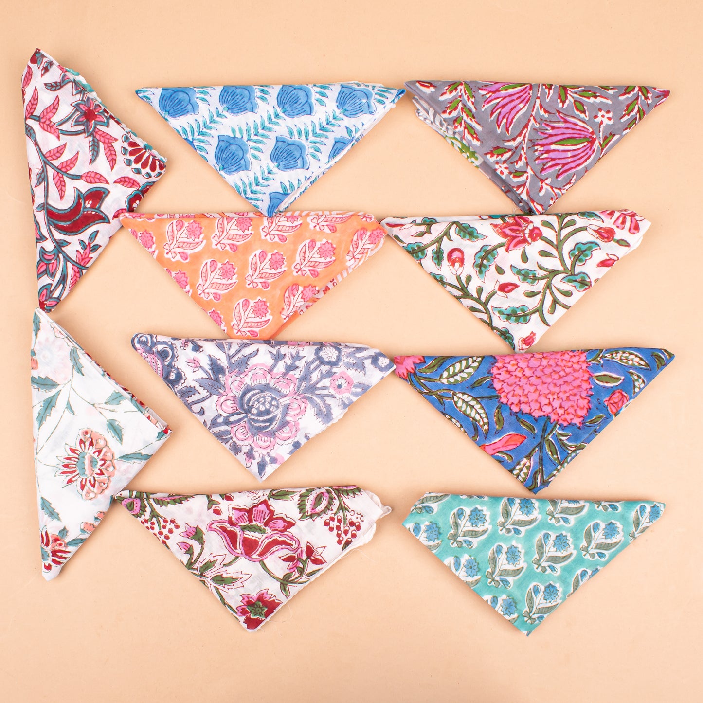 Set of 10 - Lightweight Organic Cotton Bandana, Boho Block Printed Scarf, Handmade Hair Or Neck Wrap, Unisex Eco-Friendly Gift, Paisley And Floral Design