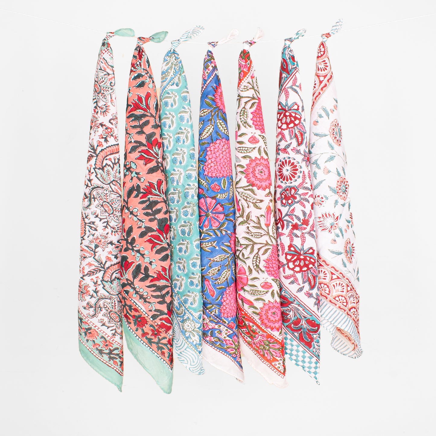 Set of 7 - Handmade Block Printed Cotton Bandana, Boho Paisley Scarf, Organic Fabric Neck Or Hair Wrap, Unisex Lightweight Accessory, Eco-Friendly Gift