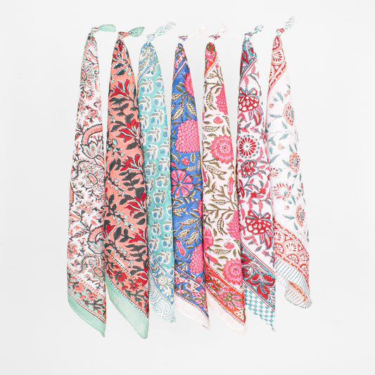 Set of 7 - Handmade Block Printed Cotton Bandana, Boho Paisley Scarf, Organic Fabric Neck Or Hair Wrap, Unisex Lightweight Accessory, Eco-Friendly Gift