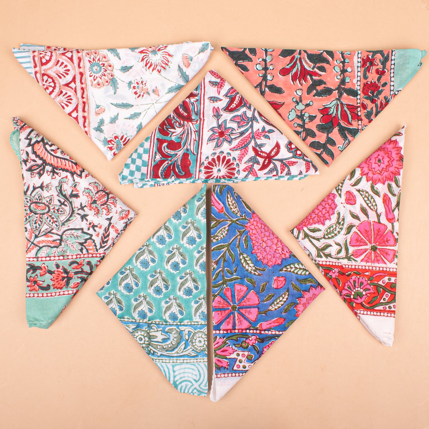 Set of 7 - Handmade Block Printed Cotton Bandana, Boho Paisley Scarf, Organic Fabric Neck Or Hair Wrap, Unisex Lightweight Accessory, Eco-Friendly Gift