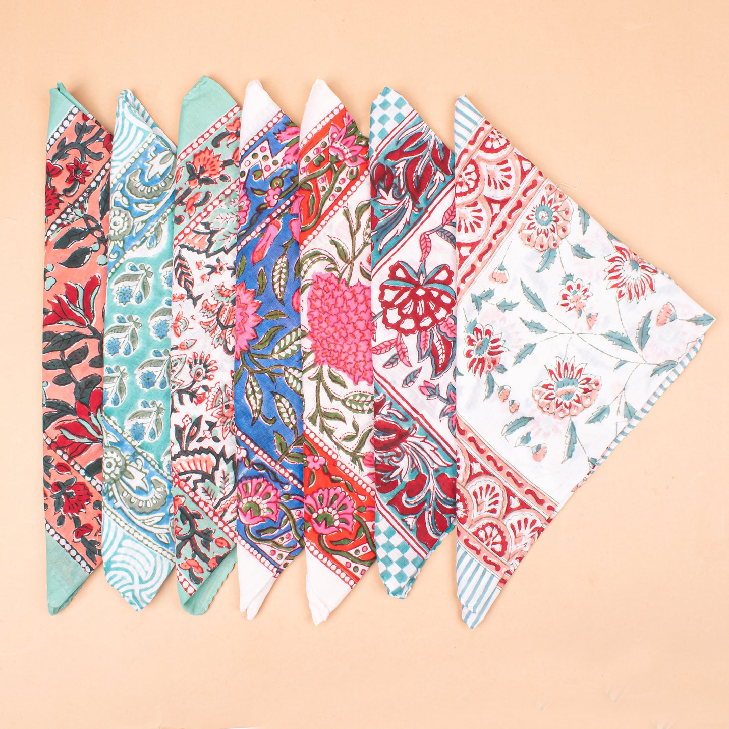 Set of 7 - Handmade Block Printed Cotton Bandana, Boho Paisley Scarf, Organic Fabric Neck Or Hair Wrap, Unisex Lightweight Accessory, Eco-Friendly Gift