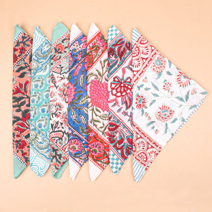 Set of 7 - Handmade Block Printed Cotton Bandana, Boho Paisley Scarf, Organic Fabric Neck Or Hair Wrap, Unisex Lightweight Accessory, Eco-Friendly Gift