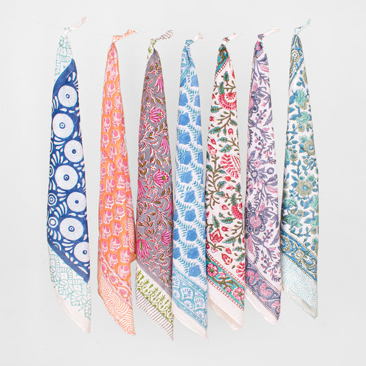 Set of 7 - Bohemian Cotton Bandana, Hand Block Printed Neck Scarf, Organic Hair Wrap, Unisex Accessory, Sustainable Fashion Gift For Men & Women