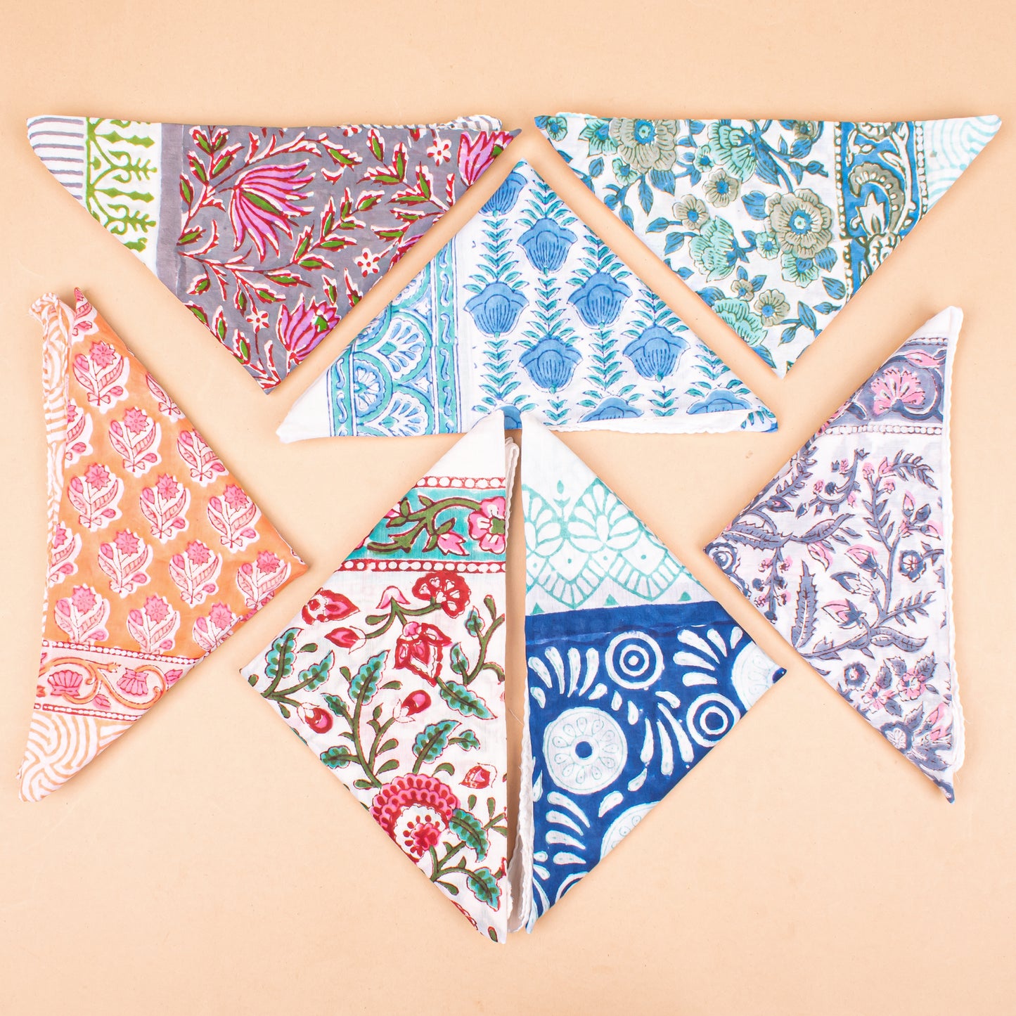 Set of 7 - Bohemian Cotton Bandana, Hand Block Printed Neck Scarf, Organic Hair Wrap, Unisex Accessory, Sustainable Fashion Gift For Men & Women