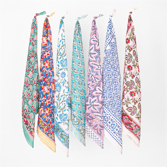 Set of 7 - Artisan Block Print Cotton Bandana, Paisley Boho Scarf, Organic Hair Or Neck Wrap, Handmade Lightweight Accessory, Thoughtful Eco Gift