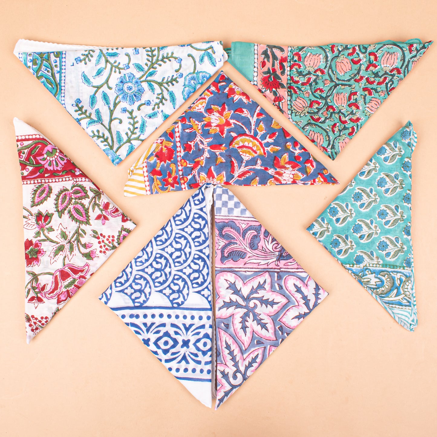 Set of 7 - Artisan Block Print Cotton Bandana, Paisley Boho Scarf, Organic Hair Or Neck Wrap, Handmade Lightweight Accessory, Thoughtful Eco Gift