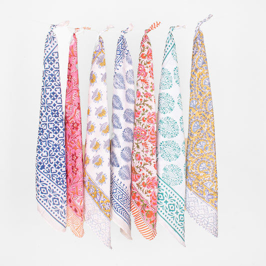 Set of 7 - Handmade Paisley Cotton Bandana, Block Printed Organic Scarf, Lightweight Neck Or Hair Wrap, Boho Unisex Accessory, Sustainable Gift Idea
