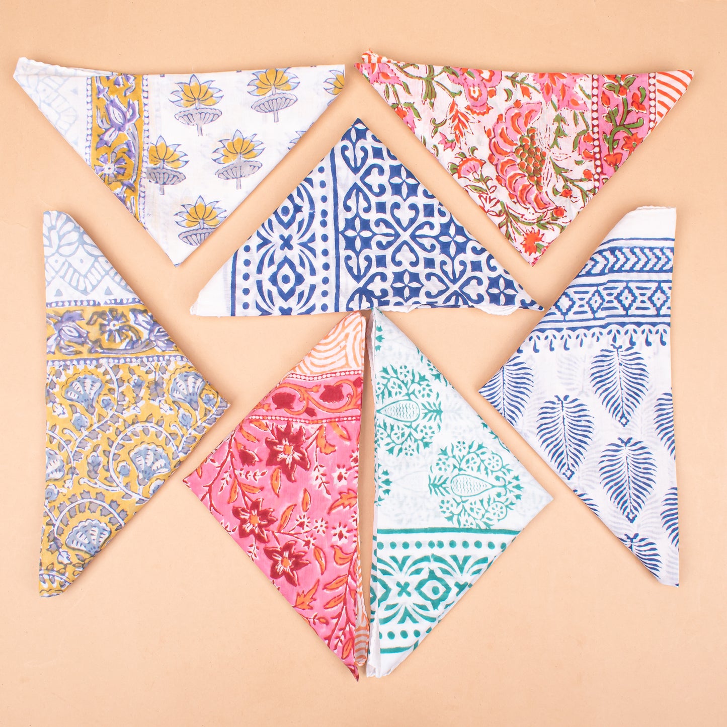 Set of 7 - Handmade Paisley Cotton Bandana, Block Printed Organic Scarf, Lightweight Neck Or Hair Wrap, Boho Unisex Accessory, Sustainable Gift Idea