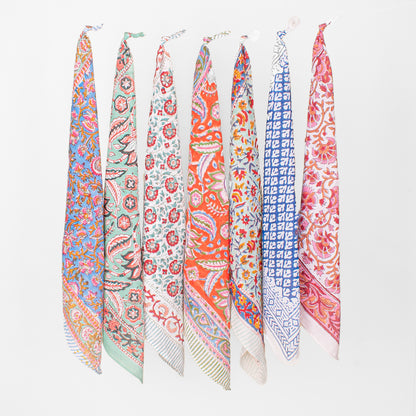 Set of 7 - Block Printed Cotton Bandana, Unisex Fashion Gift For Men & Women, Bohemian Paisley Design, Handmade Neck Or Hair Scarf