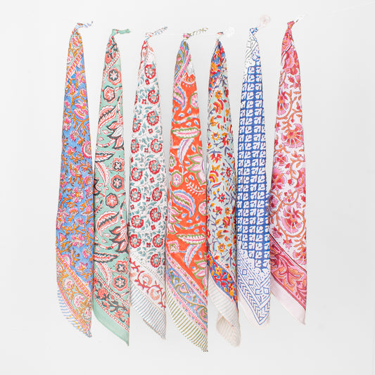 Set of 7 - Block Printed Cotton Bandana, Unisex Fashion Gift For Men & Women, Bohemian Paisley Design, Handmade Neck Or Hair Scarf