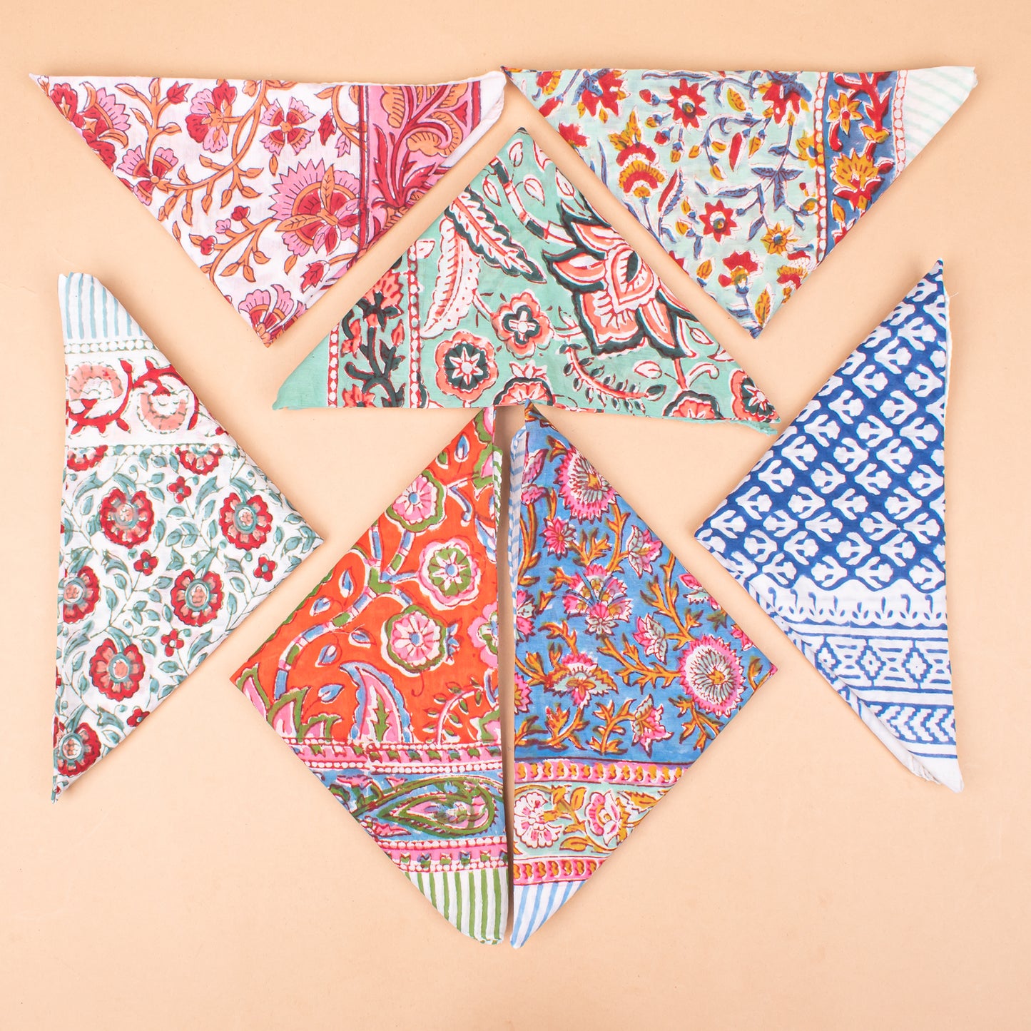 Set of 7 - Block Printed Cotton Bandana, Unisex Fashion Gift For Men & Women, Bohemian Paisley Design, Handmade Neck Or Hair Scarf
