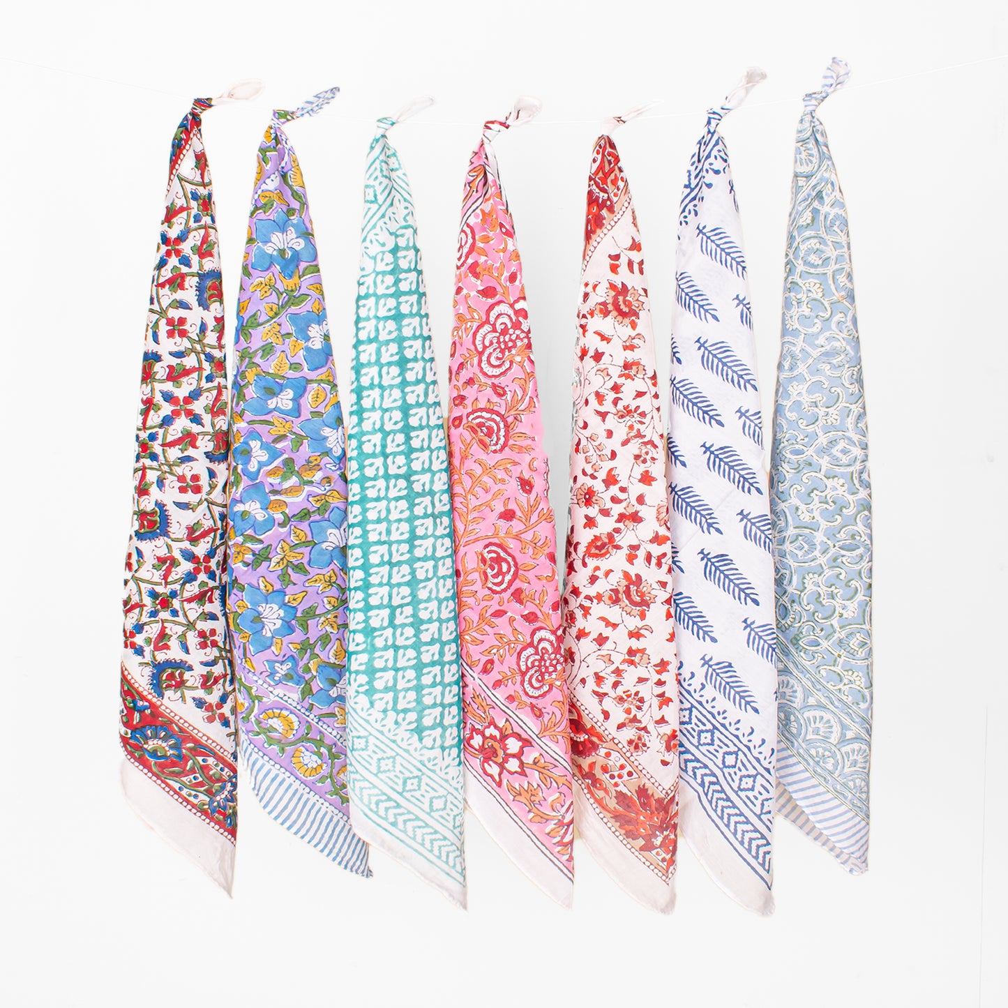 Set of 7 - Handcrafted Organic Cotton Bandana, Paisley Boho Scarf, Block Printed Hair Or Neck Wrap, Lightweight Sustainable Accessory