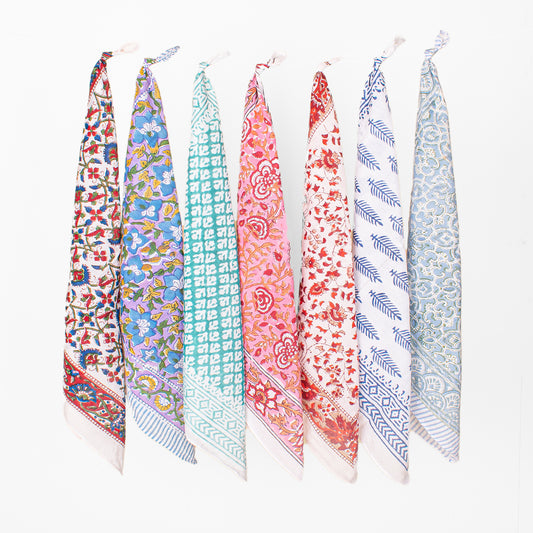 Set of 7 - Handcrafted Organic Cotton Bandana, Paisley Boho Scarf, Block Printed Hair Or Neck Wrap, Lightweight Sustainable Accessory