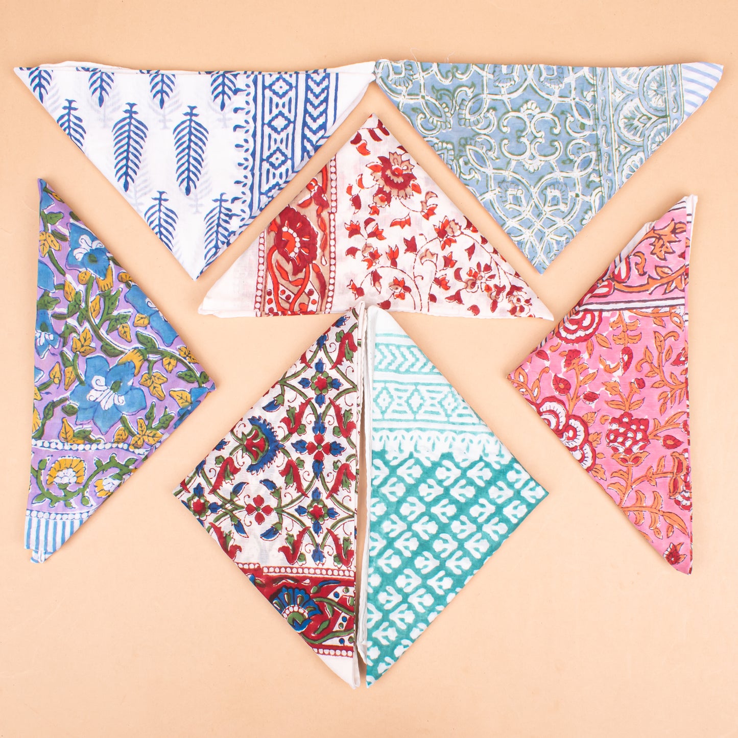 Set of 7 - Handcrafted Organic Cotton Bandana, Paisley Boho Scarf, Block Printed Hair Or Neck Wrap, Lightweight Sustainable Accessory