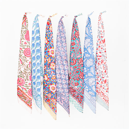 Set of 7 - Bohemian Floral Print Cotton Bandana, Handmade Block Printed Scarf, Organic Neck Or Hair Wrap, Lightweight Unisex Fashion Gift