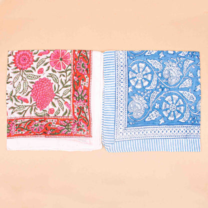 Set of 7 - Bohemian Floral Print Cotton Bandana, Handmade Block Printed Scarf, Organic Neck Or Hair Wrap, Lightweight Unisex Fashion Gift