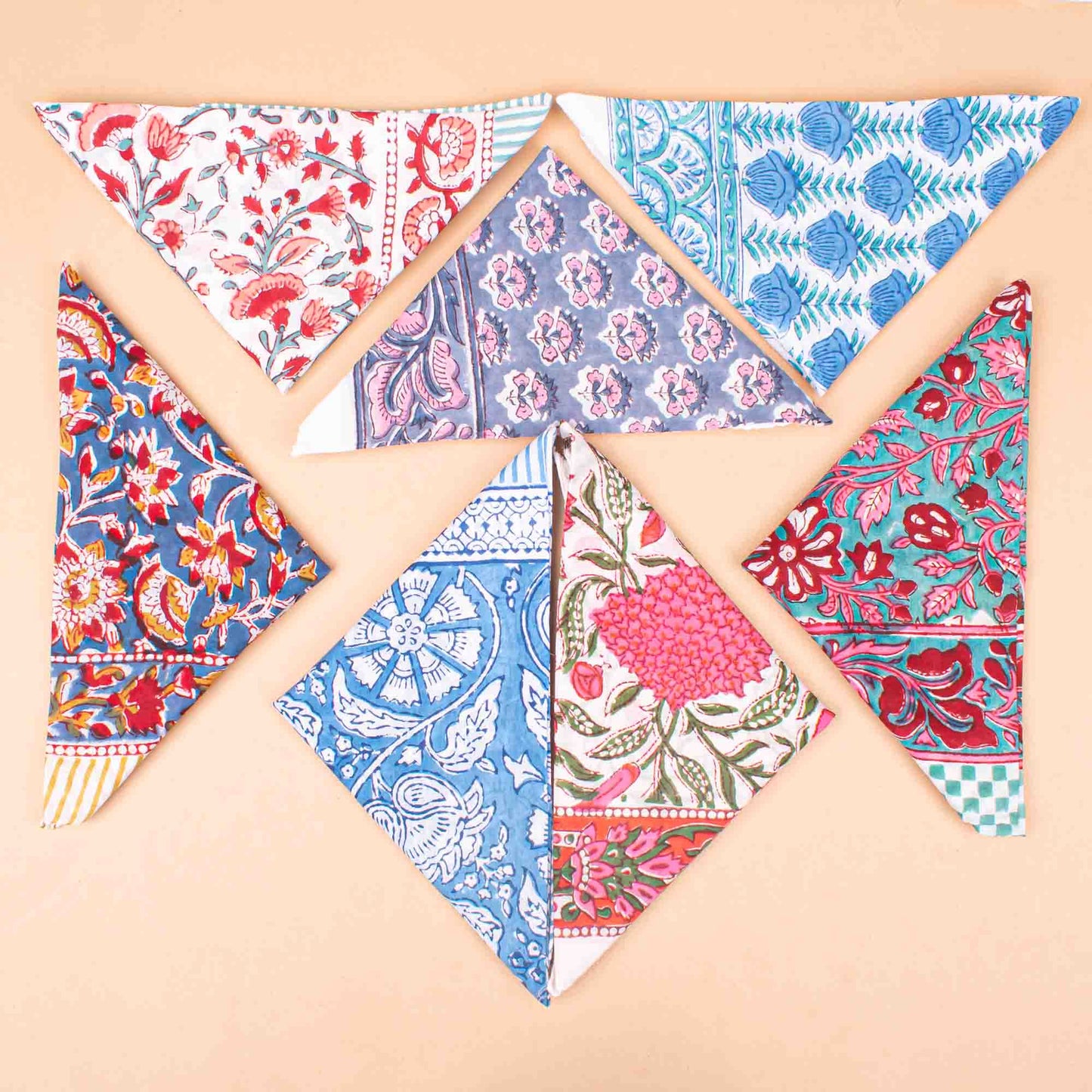 Set of 7 - Bohemian Floral Print Cotton Bandana, Handmade Block Printed Scarf, Organic Neck Or Hair Wrap, Lightweight Unisex Fashion Gift