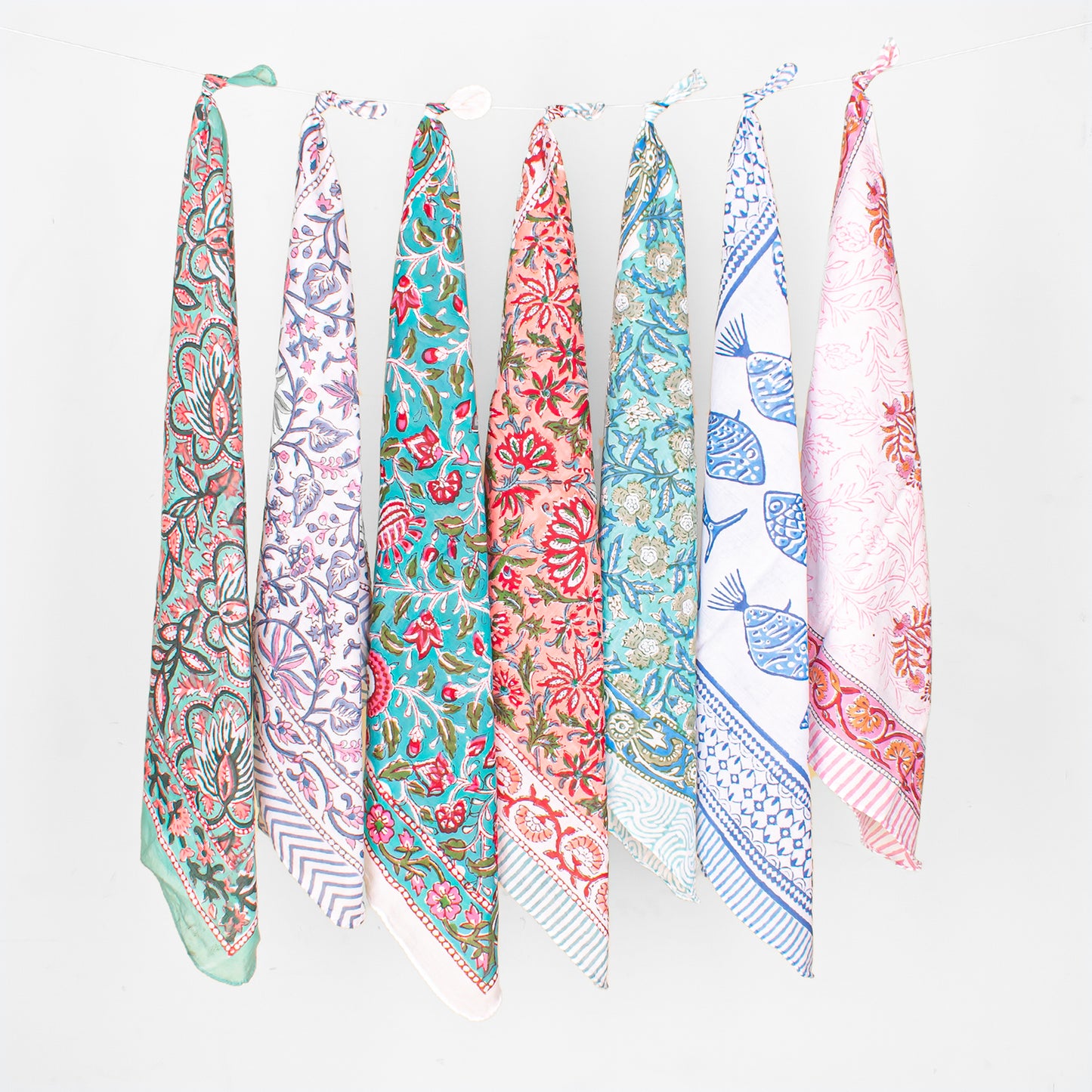 Set of 7 - Lightweight Hair Or Neck Wrap, Block Printed Organic Cotton Bandana, Handmade Paisley Scarf, Unisex Boho Accessory, Eco-Friendly Gift