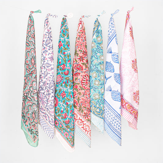 Set of 7 - Lightweight Hair Or Neck Wrap, Block Printed Organic Cotton Bandana, Handmade Paisley Scarf, Unisex Boho Accessory, Eco-Friendly Gift