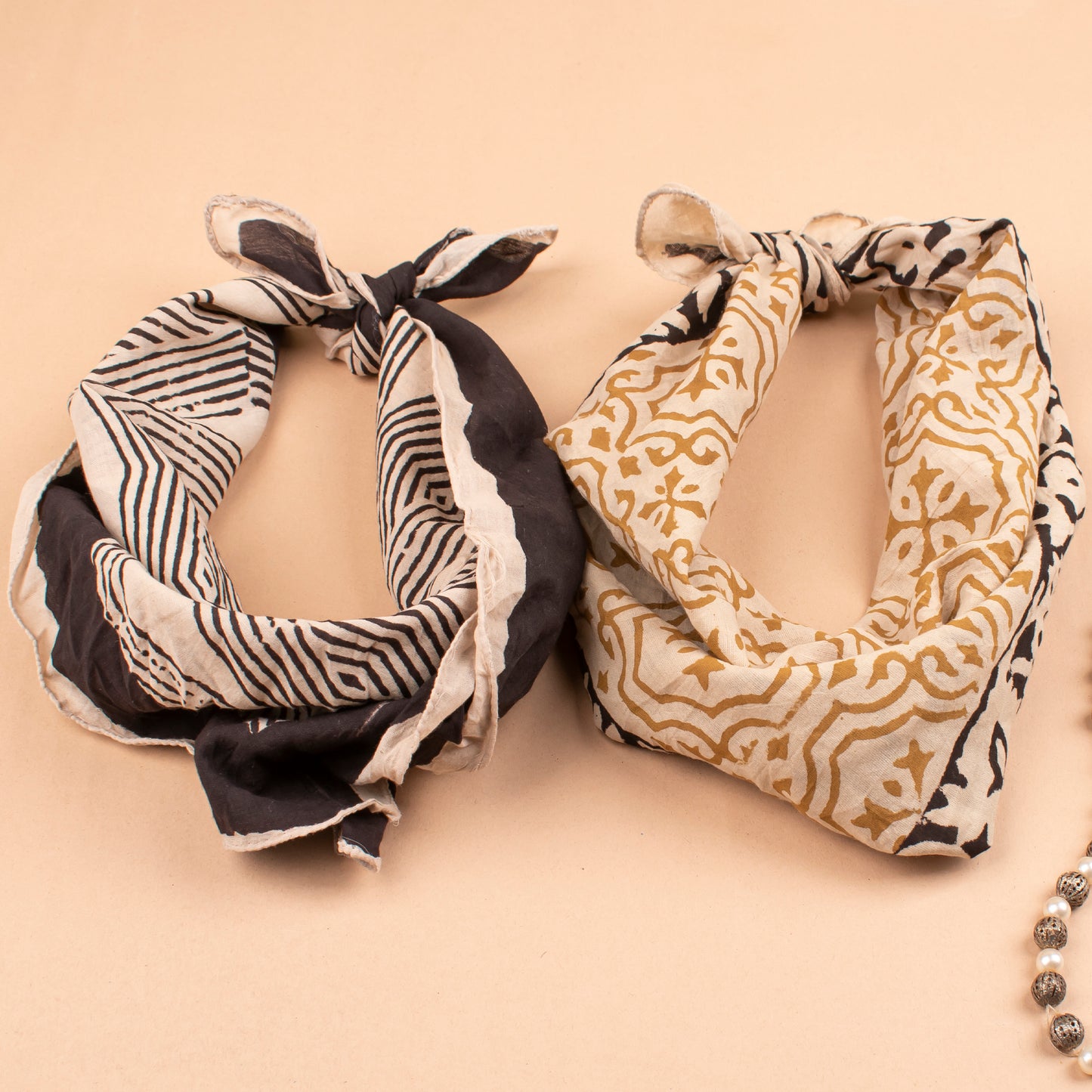 Set of 2 - 100% Cotton Handblock Printed Bandanas, Unisex Small Scarf, Sustainable Head Wrap, Stylish Boho Accessory, Eco-Friendly Neck Tie