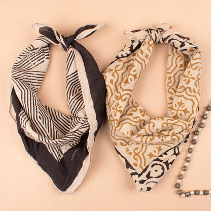 Set of 2 - 100% Cotton Handblock Printed Bandanas, Unisex Small Scarf, Sustainable Head Wrap, Stylish Boho Accessory, Eco-Friendly Neck Tie