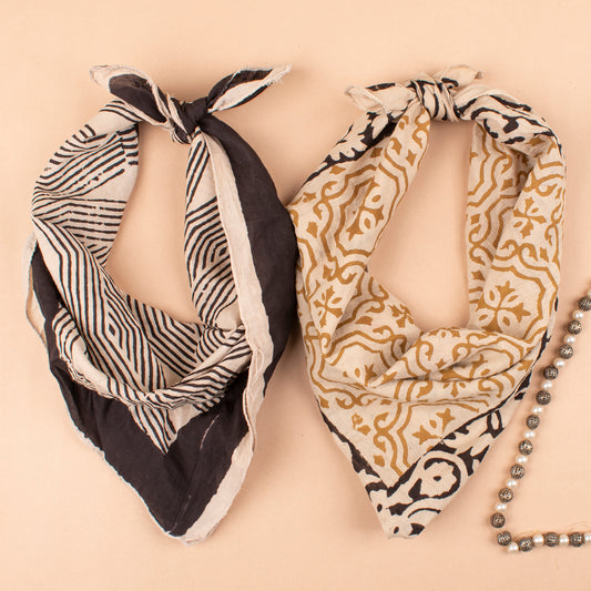 Set of 2 - 100% Cotton Handblock Printed Bandanas, Unisex Small Scarf, Sustainable Head Wrap, Stylish Boho Accessory, Eco-Friendly Neck Tie
