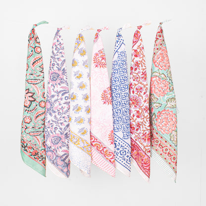 Set of 7 - Eco-Friendly Cotton Bandana, Hand Block Printed Organic Scarf, Lightweight Hair, Face Or Neck Wrap, Bohemian Paisley & Floral Design Gift