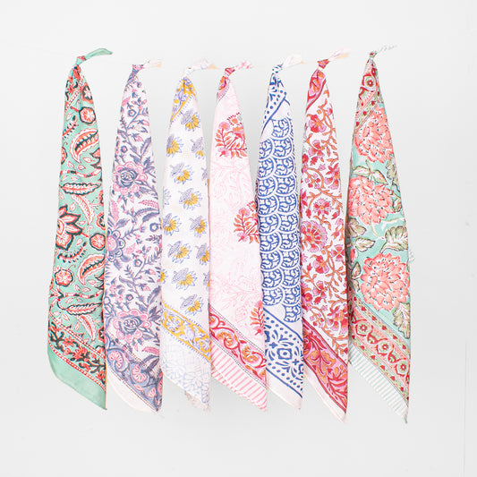 Set of 7 - Eco-Friendly Cotton Bandana, Hand Block Printed Organic Scarf, Lightweight Hair, Face Or Neck Wrap, Bohemian Paisley & Floral Design Gift