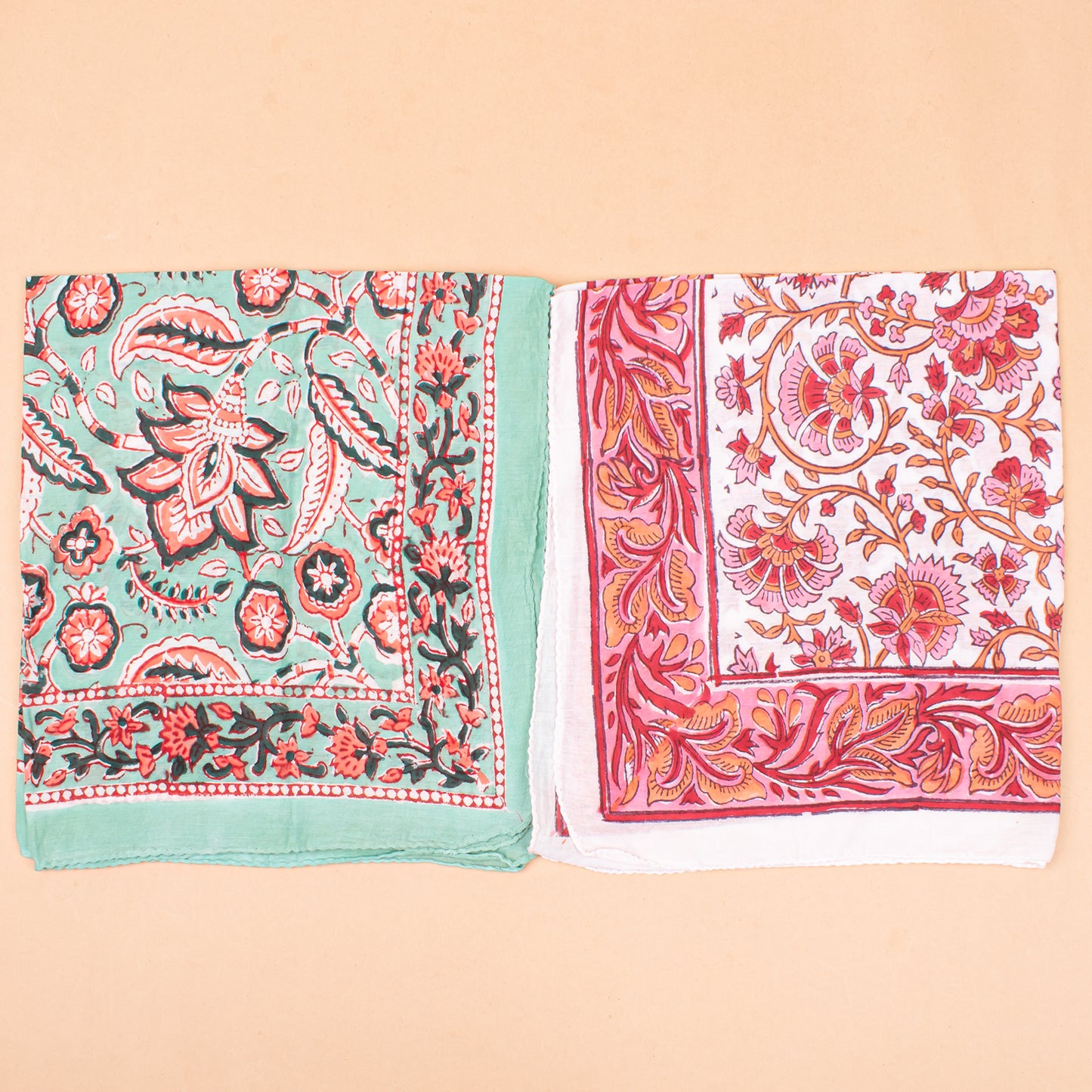 Set of 7 - Eco-Friendly Cotton Bandana, Hand Block Printed Organic Scarf, Lightweight Hair, Face Or Neck Wrap, Bohemian Paisley & Floral Design Gift