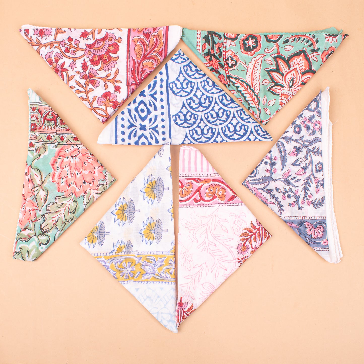 Set of 7 - Eco-Friendly Cotton Bandana, Hand Block Printed Organic Scarf, Lightweight Hair, Face Or Neck Wrap, Bohemian Paisley & Floral Design Gift