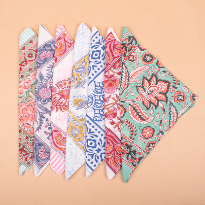 Set of 7 - Eco-Friendly Cotton Bandana, Hand Block Printed Organic Scarf, Lightweight Hair, Face Or Neck Wrap, Bohemian Paisley & Floral Design Gift