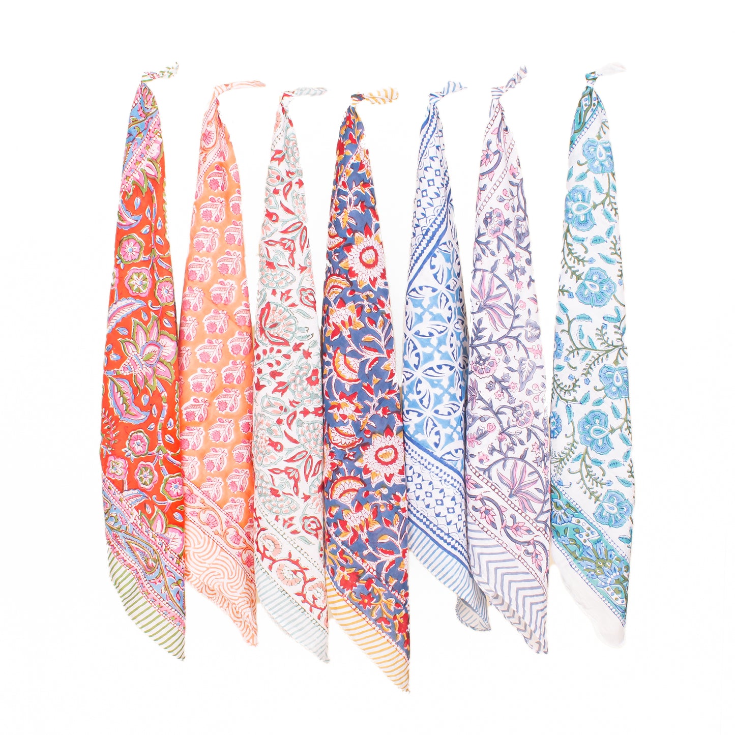 Set of 7 - Handmade Boho Cotton Bandanas, Organic Lightweight Hair, Wrist Or Neck Wrap, Block Printed Paisley Scarf, Perfect Eco-Friendly Gift Idea For All