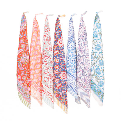 Set of 7 - Handmade Boho Cotton Bandanas, Organic Lightweight Hair, Wrist Or Neck Wrap, Block Printed Paisley Scarf, Perfect Eco-Friendly Gift Idea For All