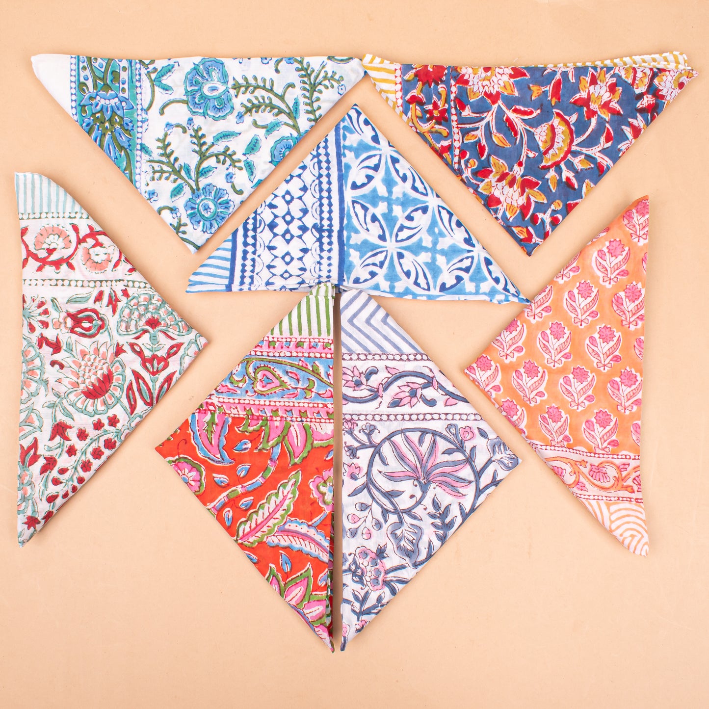 Set of 7 - Handmade Boho Cotton Bandanas, Organic Lightweight Hair, Wrist Or Neck Wrap, Block Printed Paisley Scarf, Perfect Eco-Friendly Gift Idea For All