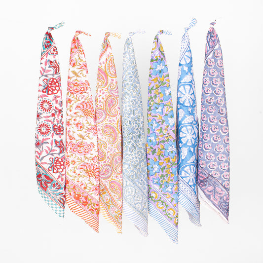 Set of 7 - Floral Bohemian Cotton Bandana, Hand Block Printed Organic Scarf, Lightweight Hair Or Neck Wrap, Unisex Sustainable Accessory, Handmade Gift