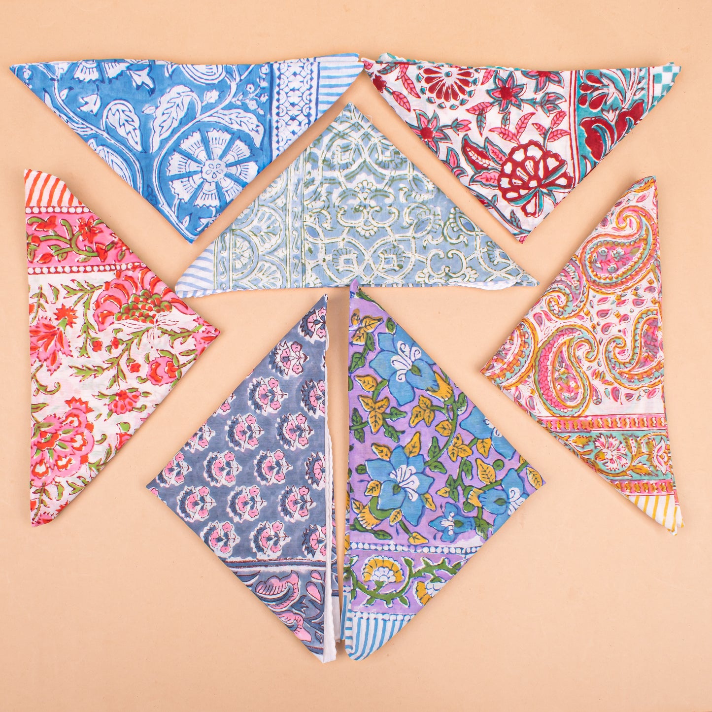 Set of 7 - Floral Bohemian Cotton Bandana, Hand Block Printed Organic Scarf, Lightweight Hair Or Neck Wrap, Unisex Sustainable Accessory, Handmade Gift