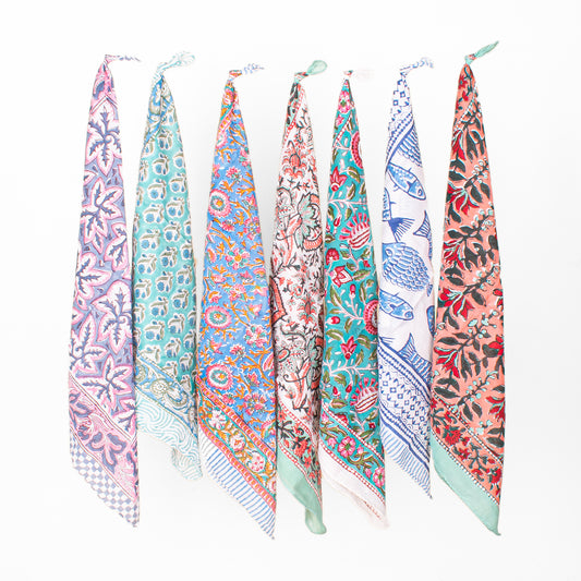 Set of 7 - Lightweight Handmade Cotton Bandana, Block Printed Organic Scarf, Bohemian Paisley And Floral Hair Or Neck Wrap, Sustainable Unisex Fashion Gift