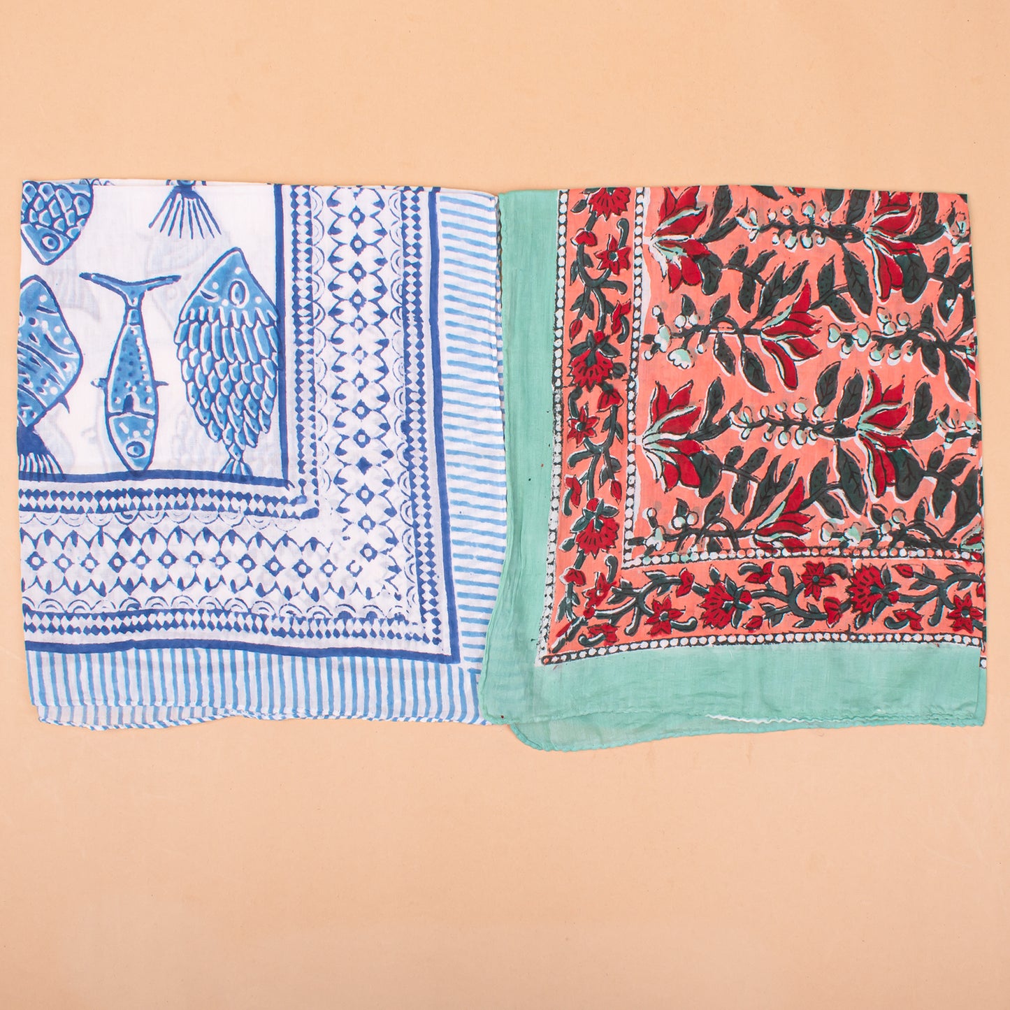 Set of 7 - Lightweight Handmade Cotton Bandana, Block Printed Organic Scarf, Bohemian Paisley And Floral Hair Or Neck Wrap, Sustainable Unisex Fashion Gift