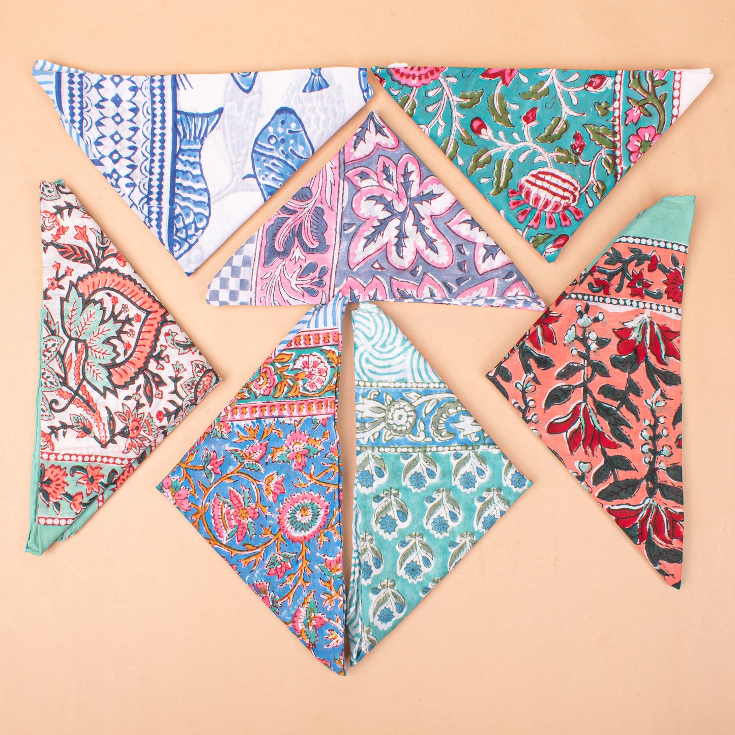 Set of 7 - Lightweight Handmade Cotton Bandana, Block Printed Organic Scarf, Bohemian Paisley And Floral Hair Or Neck Wrap, Sustainable Unisex Fashion Gift