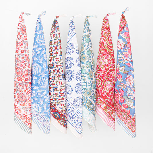 Set of 7 - Boho Paisley & Floral Cotton Bandana, Hand Block Printed Organic Scarf, Lightweight Hair Or Neck Wrap, Handmade Eco-Friendly Fashion Gift, Cotton Bandanas