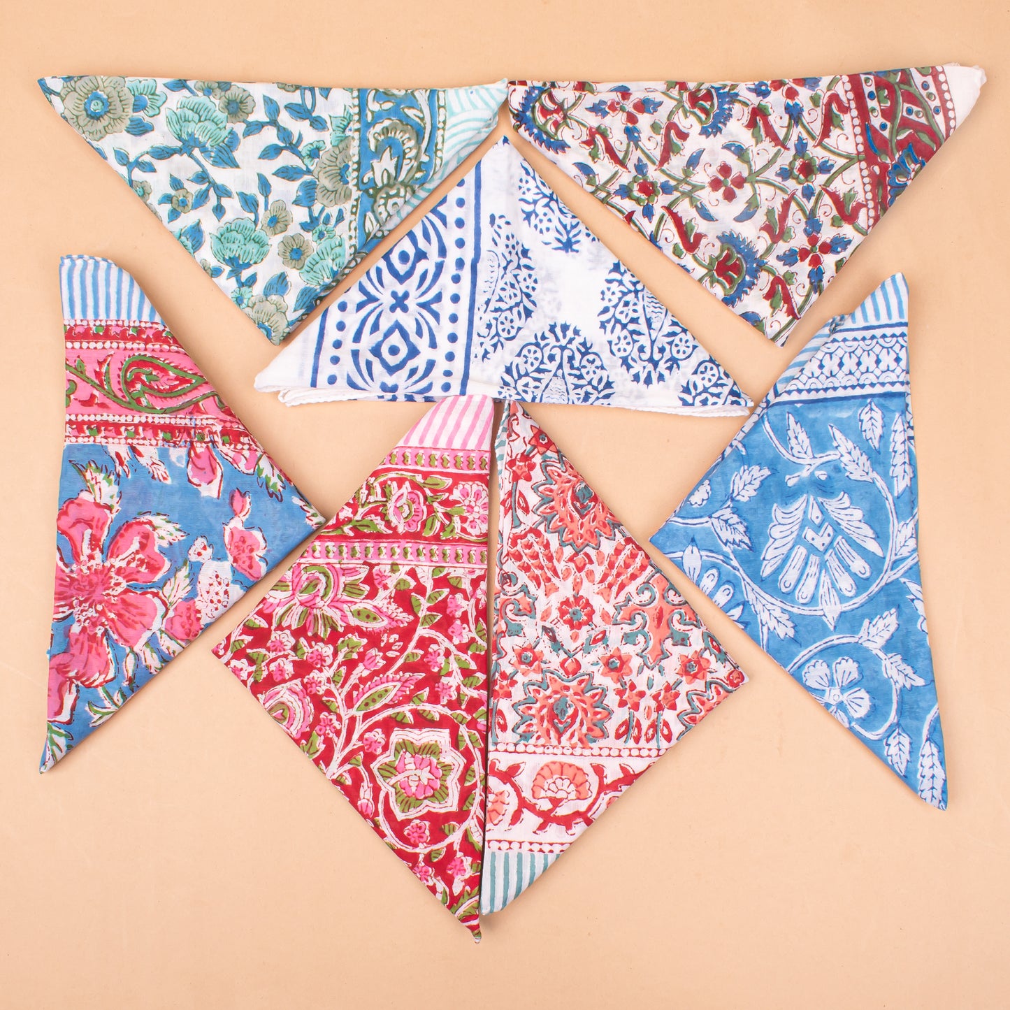 Set of 7 - Boho Paisley & Floral Cotton Bandana, Hand Block Printed Organic Scarf, Lightweight Hair Or Neck Wrap, Handmade Eco-Friendly Fashion Gift, Cotton Bandanas