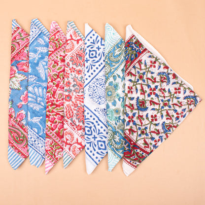 Set of 7 - Boho Paisley & Floral Cotton Bandana, Hand Block Printed Organic Scarf, Lightweight Hair Or Neck Wrap, Handmade Eco-Friendly Fashion Gift, Cotton Bandanas