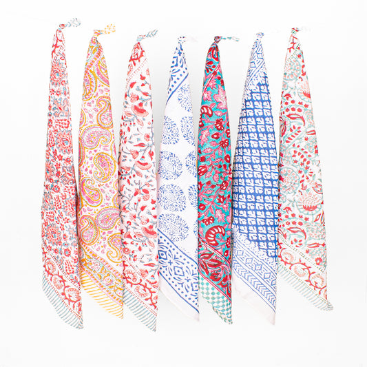 Set of 7 - Block Printed Organic Cotton Bandana, Lightweight Handmade Scarf, Boho Paisley And Floral Hair Or Neck Wrap, Eco-Friendly Unisex Fashion Gift
