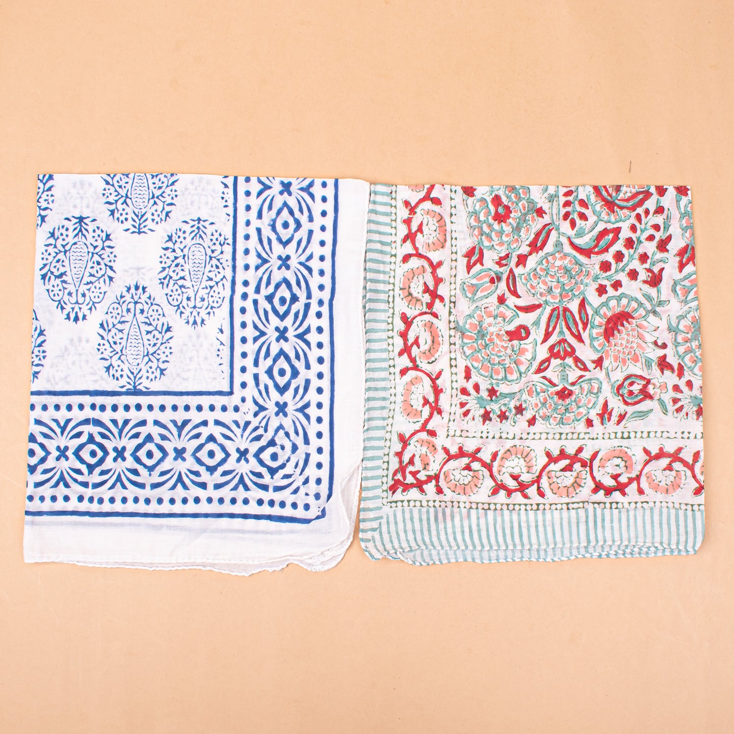 Set of 7 - Block Printed Organic Cotton Bandana, Lightweight Handmade Scarf, Boho Paisley And Floral Hair Or Neck Wrap, Eco-Friendly Unisex Fashion Gift