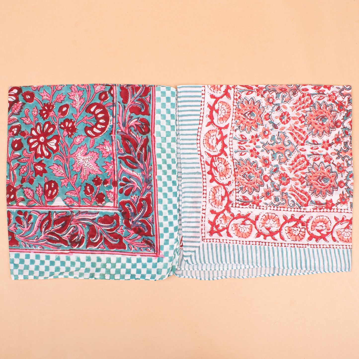 Set of 7 - Block Printed Organic Cotton Bandana, Lightweight Handmade Scarf, Boho Paisley And Floral Hair Or Neck Wrap, Eco-Friendly Unisex Fashion Gift