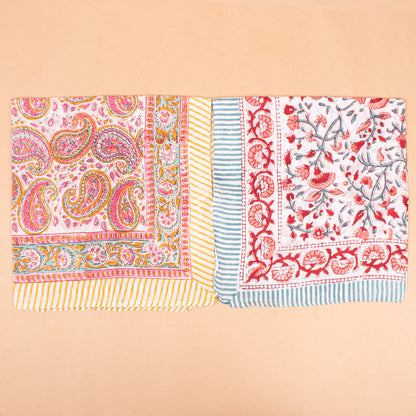 Set of 7 - Block Printed Organic Cotton Bandana, Lightweight Handmade Scarf, Boho Paisley And Floral Hair Or Neck Wrap, Eco-Friendly Unisex Fashion Gift