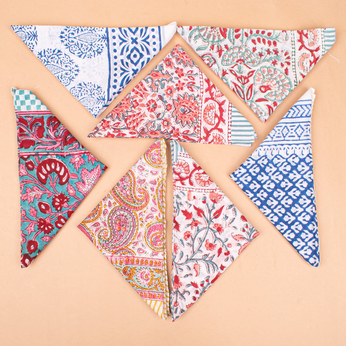 Set of 7 - Block Printed Organic Cotton Bandana, Lightweight Handmade Scarf, Boho Paisley And Floral Hair Or Neck Wrap, Eco-Friendly Unisex Fashion Gift